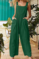 Casual Solid Pocket Buttons Square Collar Straight Jumpsuits