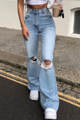 Street Solid Ripped Make Old Boot Cut Bottoms(3 Colors)