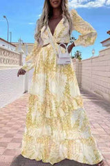 Fashion Street Print Hollowed Out V Neck A Line Dresses(4 colors)