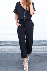 Casual Street Solid Frenulum V Neck Jumpsuits(3 colors)