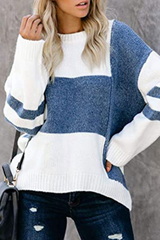 Casual Patchwork Contrast O Neck Tops Sweater