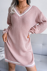 Casual Striped Split Joint Contrast V Neck A Line Dresses Sweater (Without Belt)