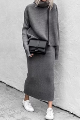 Casual Solid Split Joint Turtleneck Long Sleeve Two Pieces(5 colors)