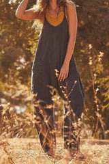 Street Solid Solid Color V Neck Loose Jumpsuits(3 Colors)