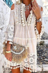 Sweet Patchwork Embroidered Hollowed Out With Bow V Neck Irregular Dress Dresses(8 Colors)
