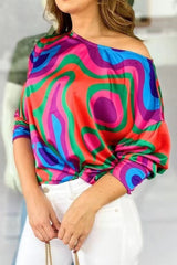 Work Elegant Print Patchwork Oblique Collar T-Shirts(7 Colors)