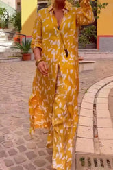 Casual College Print Patchwork Turndown Collar Three Quarter Two Pieces