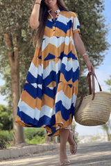 Vintage Elegant Geometric Print Patchwork O Neck A Line Dresses(5 Colors)