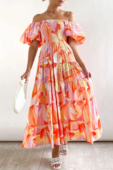 Sweet Elegant Print Asymmetrical Off the Shoulder Printed Dress Dresses