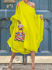 Asymmetric Solid Color Batwing Sleeves Cold shoulder Midi Dresses