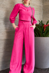 Elegant Solid Pocket O Neck Long Sleeve Two Pieces