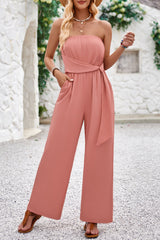Sexy Solid Bandage Pocket Strapless Loose Jumpsuits