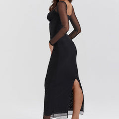 Black Mesh Long Sleeve Corseted Midi Dress
