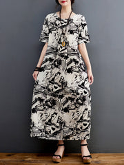 Abstract Printed Half Sleeves Loose Round-Neck Midi Dresses