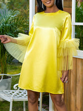 Shiny Solid Color Split-Joint Tulle Half Sleeves Loose Round-Neck Mini Dresses