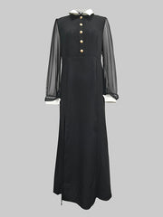 Long Sleeves Buttoned See-Through Solid Color Split-Side Lapel Maxi Dresses Shirt Dress
