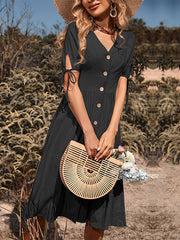 Buttoned Hollow Pleated Split-Joint Tied A-line High Waisted V-neck Midi Dresses