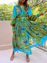 Belted Floral Printed High Waisted Loose Lapel Midi Dresses