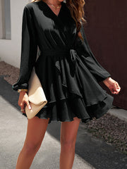 Ruffled Solid Color Tied Waist A-Line High Waisted V-Neck Mini Dresses