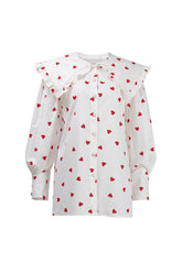 Heart Print Balloon Sleeve Doll Collar Blouse