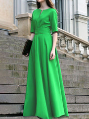 Half Sleeves High Waisted Solid Color Tied Waist V-Neck Maxi Dresses