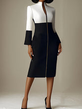 Contrast Color Split-Joint Zipper Long Sleeves Stand Collar Midi Dresses