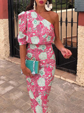 Asymmetric Flower Print Half Sleeves Loose One-Shoulder Maxi Dresses