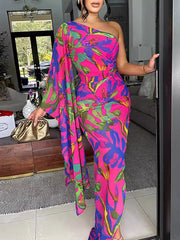 Asymmetric Pleated Printed Bodycon Sleeveless One-Shoulder Maxi Dresses