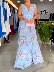 Stylish Floral Printed V-Back Elegant Maxi Dresses