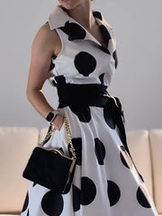 A-Line Sleeveless Polka-Dot Split-Joint Tied Waist Lapel Maxi Dresses Shirt Dress