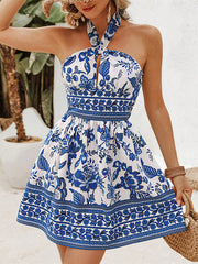 Elasticity Flower Print Hollow A-Line High Waisted Halter-Neck Mini Dresses