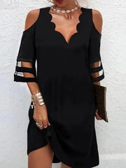 Half Sleeves Loose See-Through Solid Color Split-Joint Cold shoulder Mini Dresses