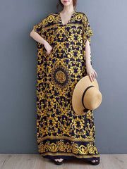 Printed A-Line Batwing Sleeves V-Neck Maxi Dresses