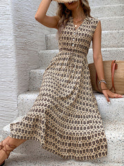 Buttoned Drawstring Pockets Printed Split-Joint A-line High Waisted V-neck Midi Dresses