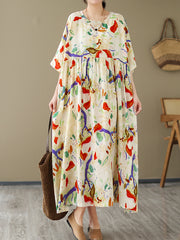 Printed Oversize Puff Sleeves Round-Neck Midi Dresses