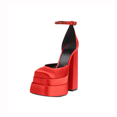Red Satin Double Platform Ankle Strap Sandals