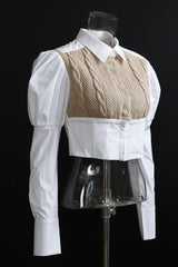 knitted twist wool stitching cotton puff sleeve shirt