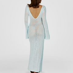 Blue crochet Knitted Dress With Key-Hole Cut-Outs