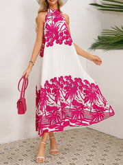 Hollow Pleated Printed Tied A-Line Loose Mock Neck Midi Dresses