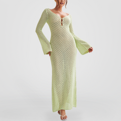 Mint Green crochet Knitted Dress With Key-Hole Cut-Outs