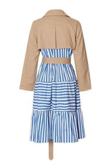 Striped stitching khaki belted waist long trench coat