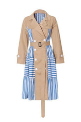 Striped stitching khaki belted waist long trench coat