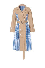 Striped stitching khaki belted waist long trench coat