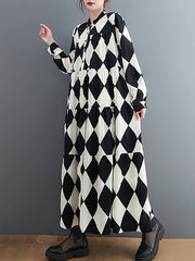Buttoned Plaid A-Line Long Sleeves Polo Midi Dresses