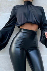 high collar loose navel lantern sleeve top