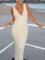 3D Flower Sleevless V-Neck Elegant Wrap Maxi Dresses