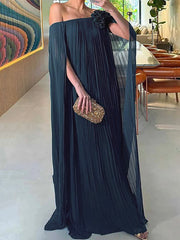 Loose Gauze Pleated Solid Color Tiered Off-The-Shoulder Evening Dresses Maxi Dresses