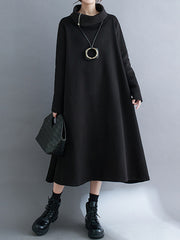 Asymmetric Solid Color Zipper A-Line Long Sleeves High Neck Midi Dresses