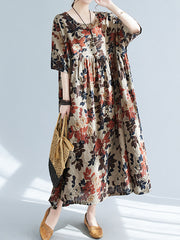 Floral Printed Loose Puff Sleeves Round-Neck Midi Dresses