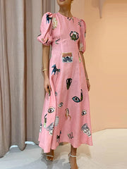 Puff Sleeves Short Sleeves Flower Print Round-Neck Maxi Dresse